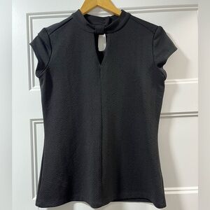 Black Fitted Cap Sleeve Blouse with Mandarin Collar